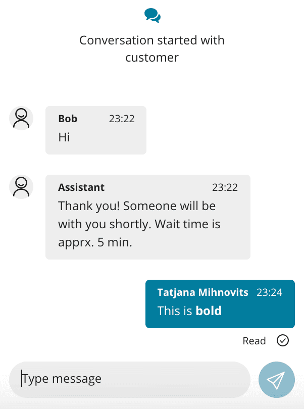 Webchat showing conversation with customer and assistant, including a bold message.