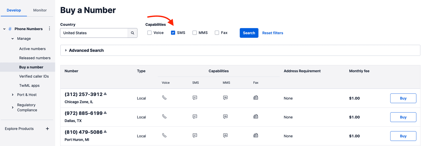 Twilio phone number purchase interface with SMS capability selected.