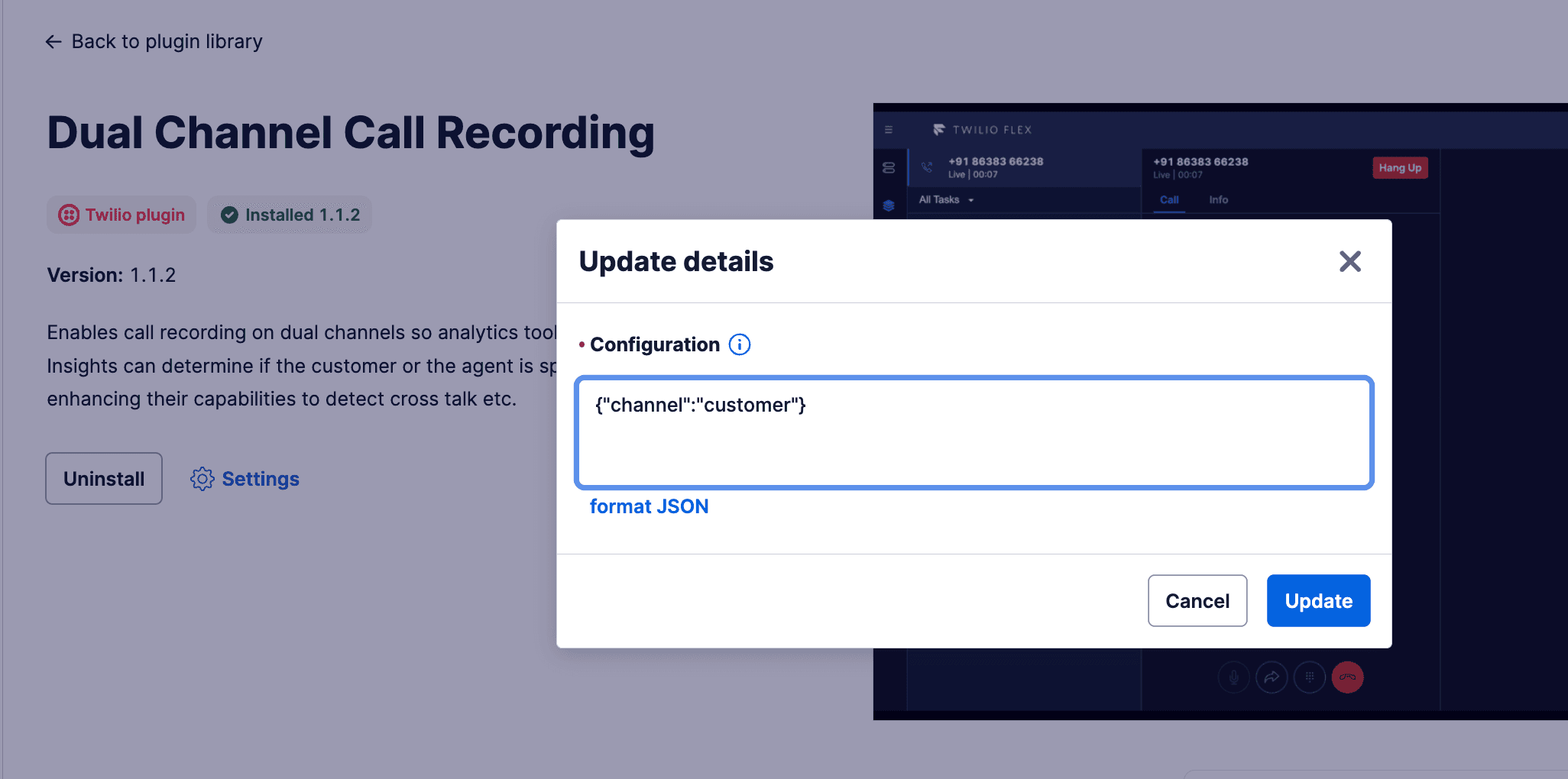 Configuration window with JSON setting channel to customer.
