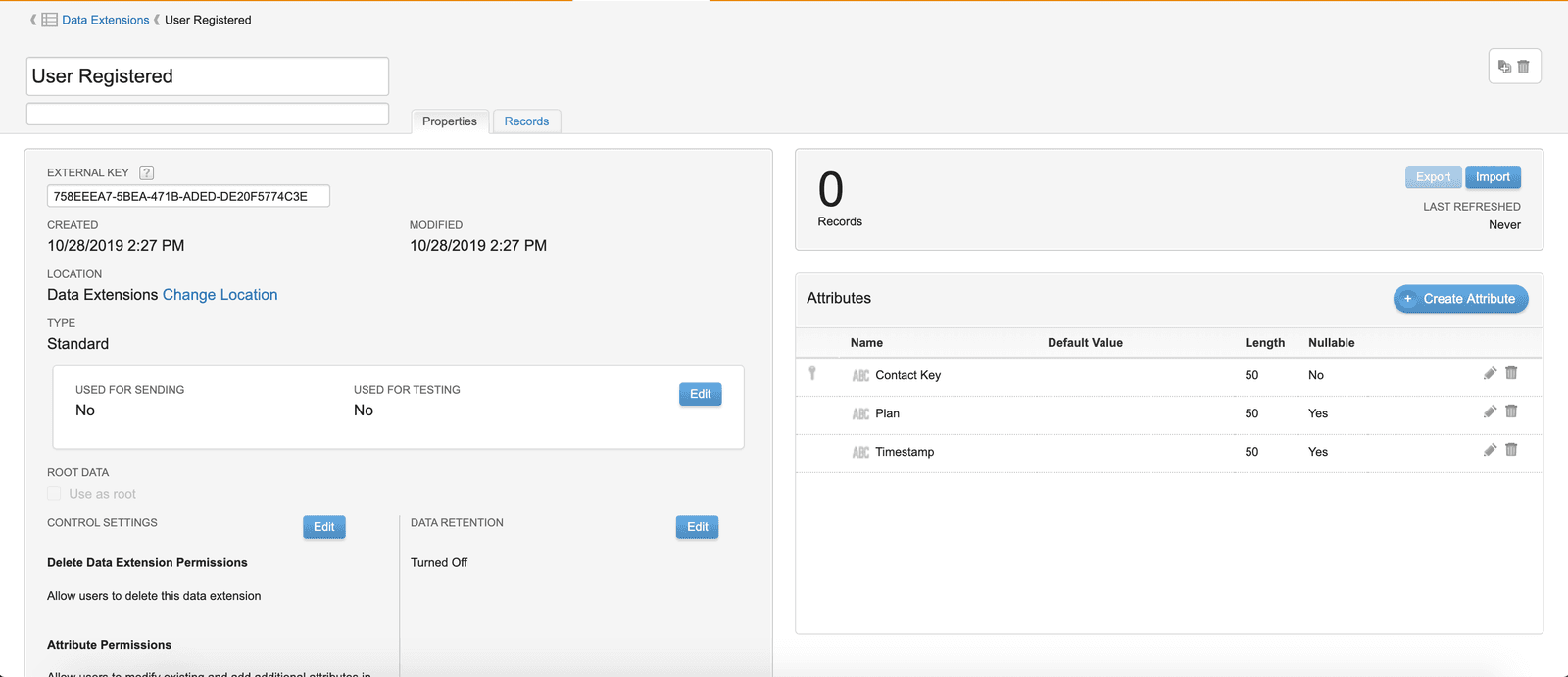 SFMC Data Extension tab showing User Registered details, attributes like Contact Key, Plan, and Timestamp.
