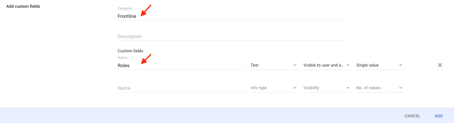 Form to add custom fields with category 'Frontline' and field name 'Roles'.
