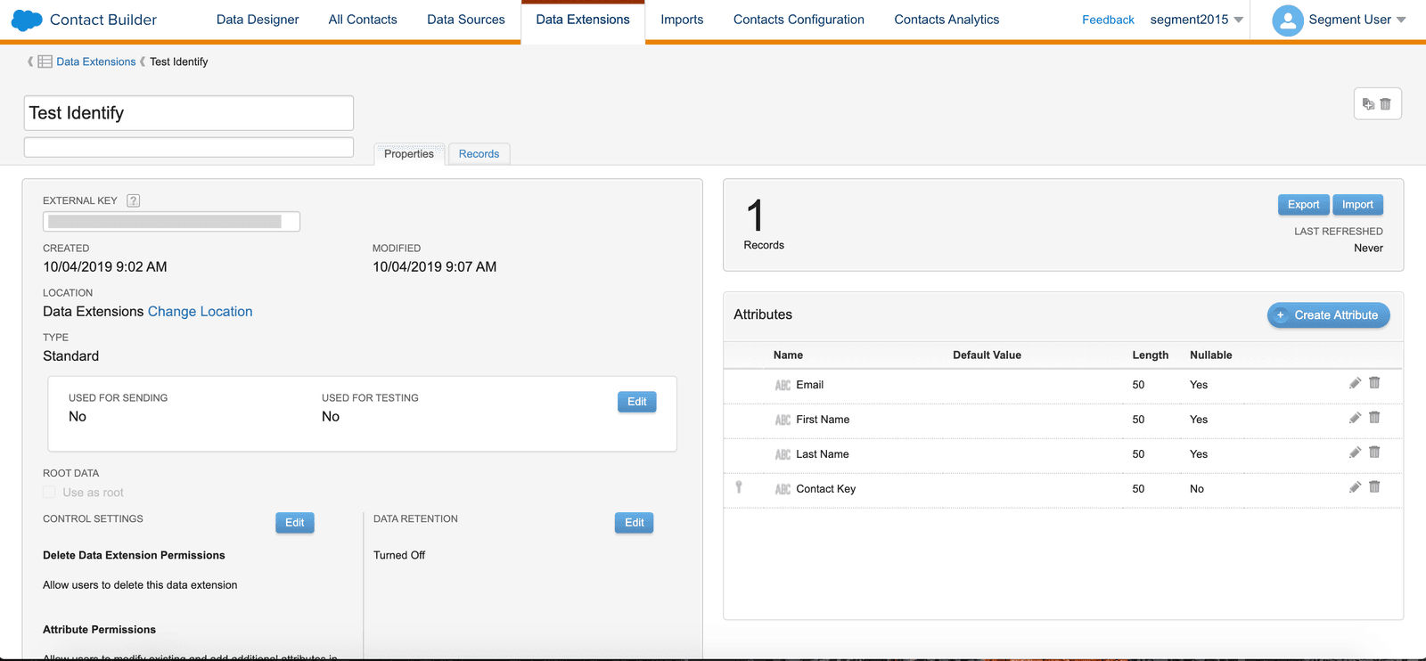 Salesforce Contact Builder showing Test Identify with attributes Email, First Name, Last Name, and Contact Key.