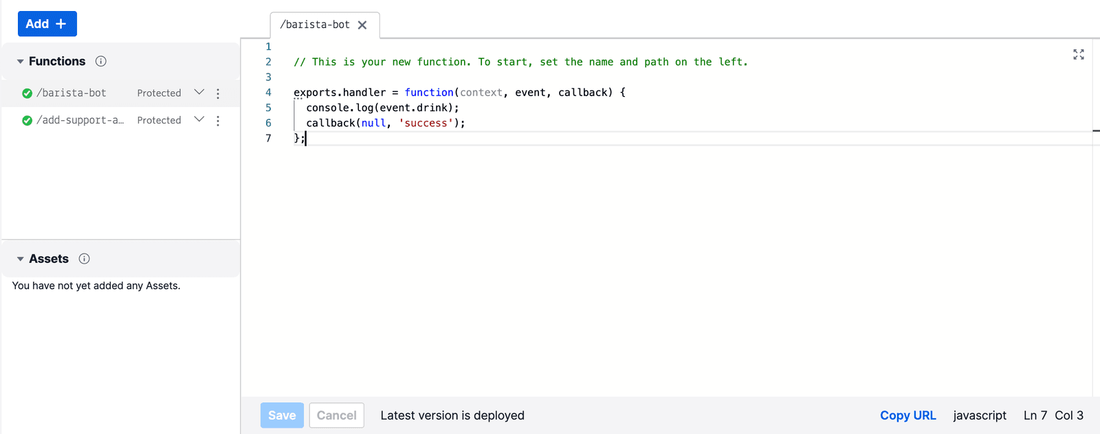 Twilio Functions console showing barista-bot function with JavaScript code for handling events.