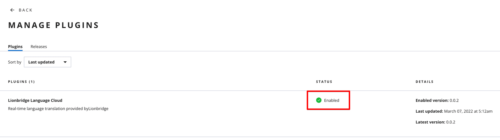 Lionbridge Language Cloud plugin enabled with version 0.0.2.