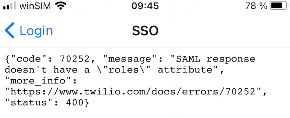 Error 70252: SAML response missing 'roles' attribute, status 400.