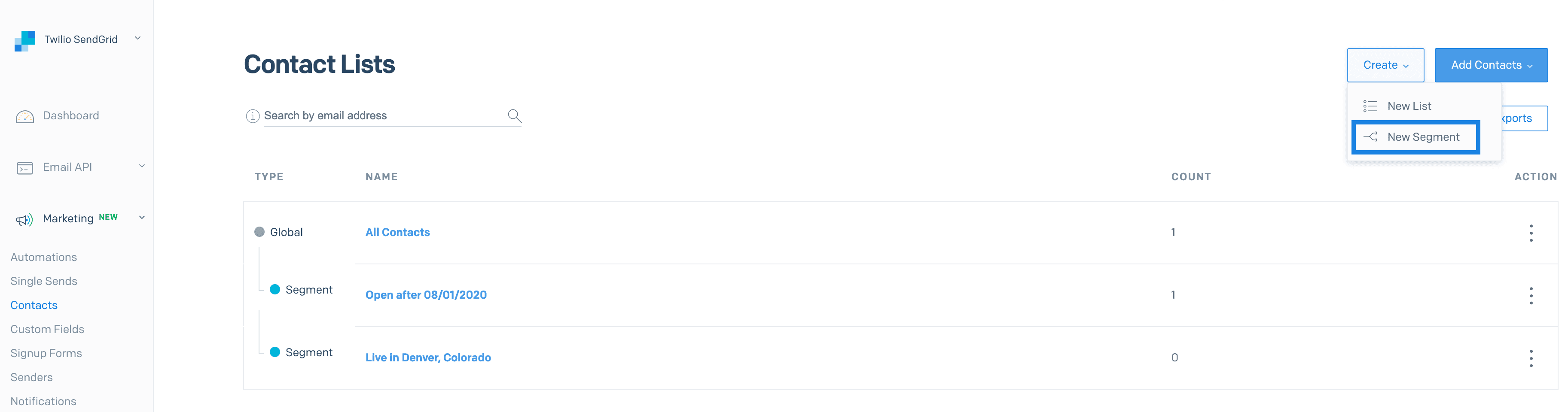 The SendGrid App with the Create dropdown extended and 'New Segment' highlighted in the dropdown.