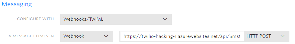 Messaging configuration with Webhooks and TwiML for incoming SMS via HTTP POST.