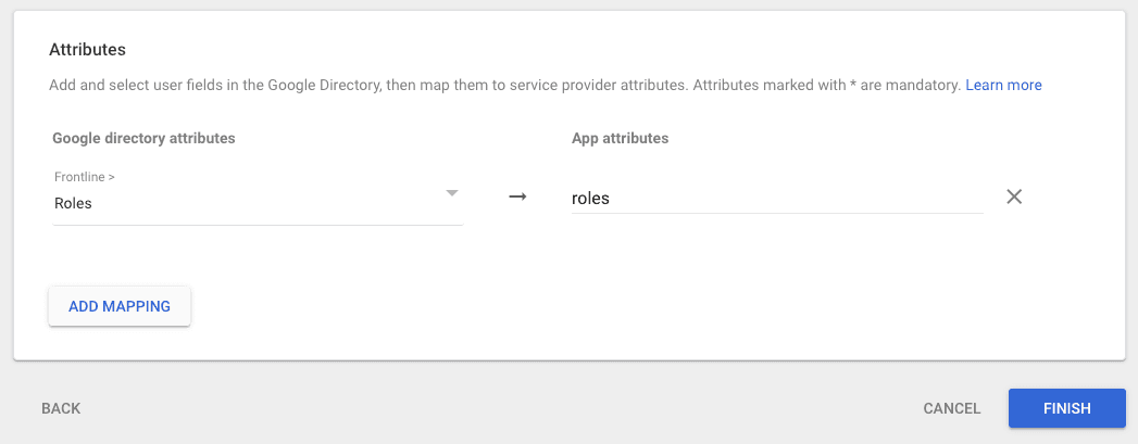 Mapping Google directory attribute 'Roles' to app attribute 'roles' with add mapping option.