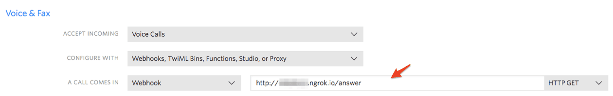Webhook configuration for incoming voice calls with URL and HTTP GET method.