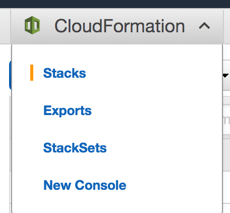 AWS CloudFormation menu with Stacks, Exports, StackSets, and New Console options.