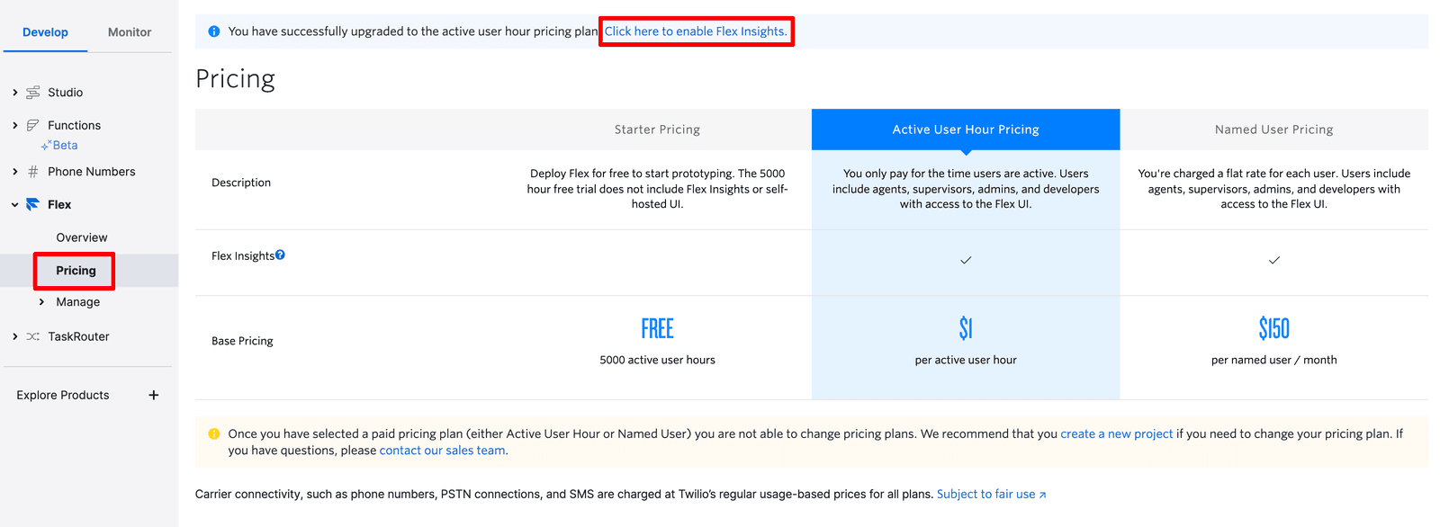 Pricing page with option to enable Flex Insights for active user hour pricing.
