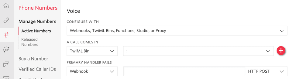 Twilio Voice settings with options for configuring webhooks and TwiML Bins.