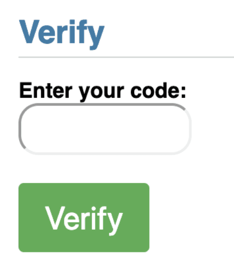 Verification form with code entry field and verify button.