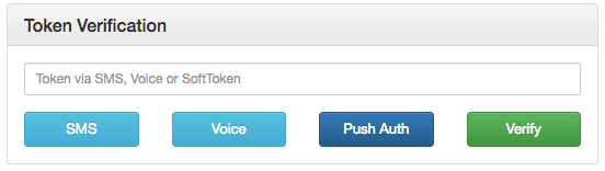 Token verification options: SMS, Voice, Push Auth, and Verify button.