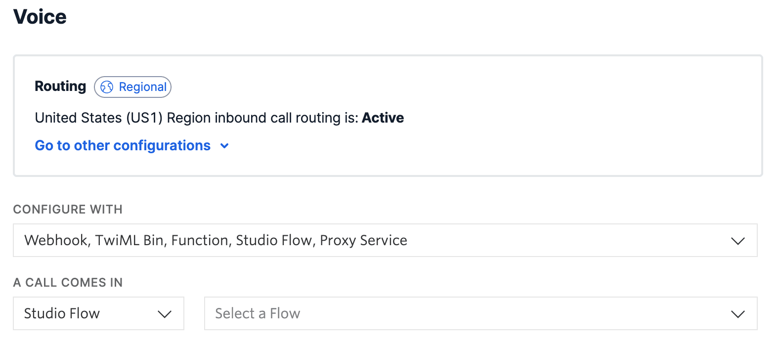 Voice routing configuration with options for Webhook, TwiML Bin, Function, Studio Flow, Proxy Service.