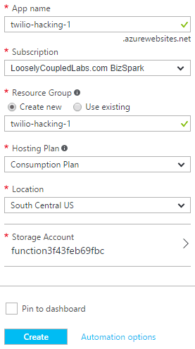 Azure Function app setup with app name, subscription, resource group, hosting plan, location, and storage account.