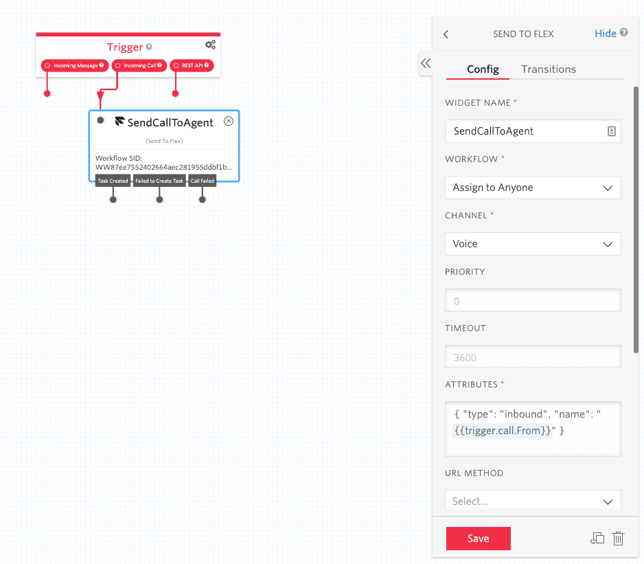 Twilio Studio flow with trigger and SendCallToAgent widget for voice channel.