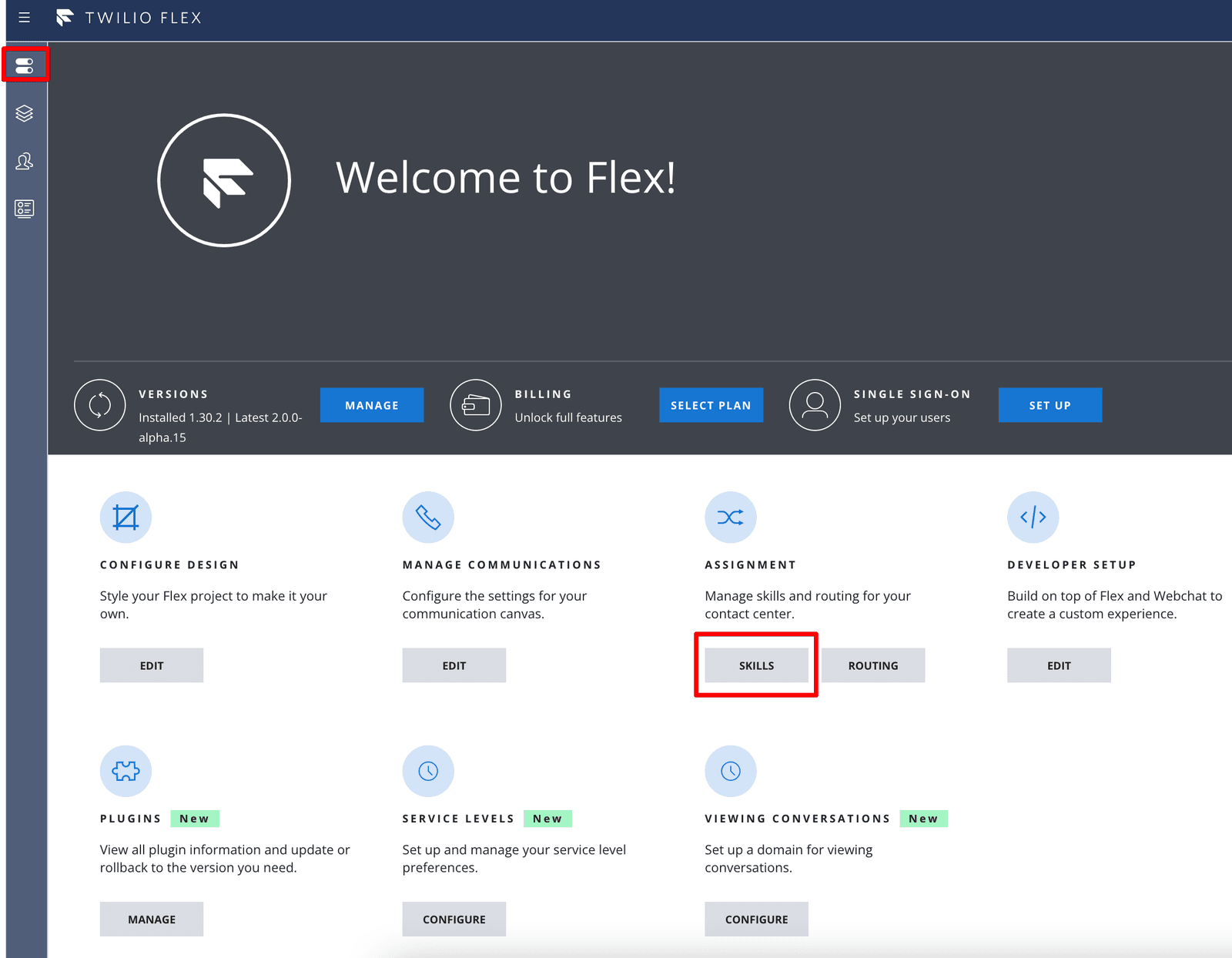 Twilio Flex admin view highlighting Assignment Skills section for managing contact center skills.