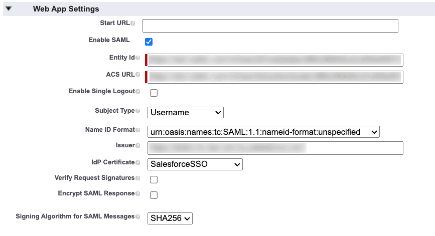 Web App Settings for Salesforce SSO with options for SAML configuration including Entity Id and ACS URL.