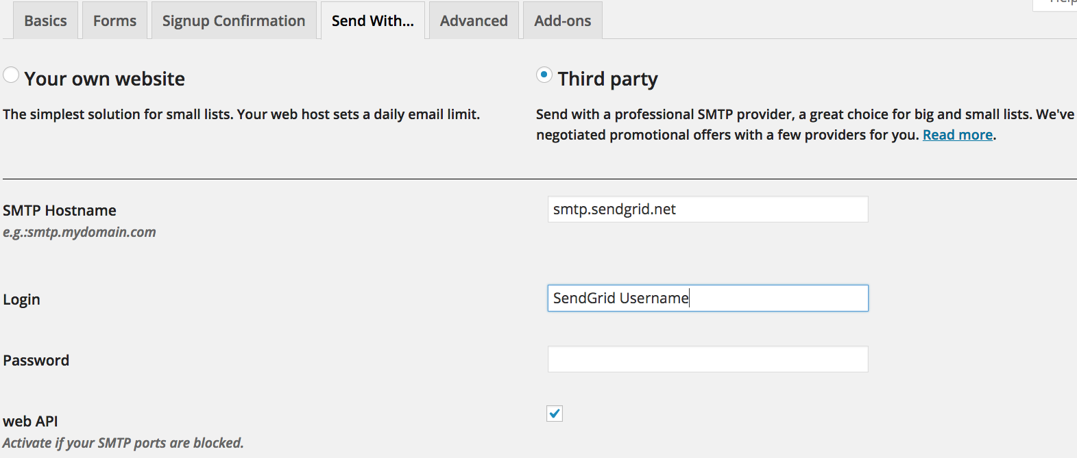 SendGrid SMTP configuration with hostname, login, and password fields.