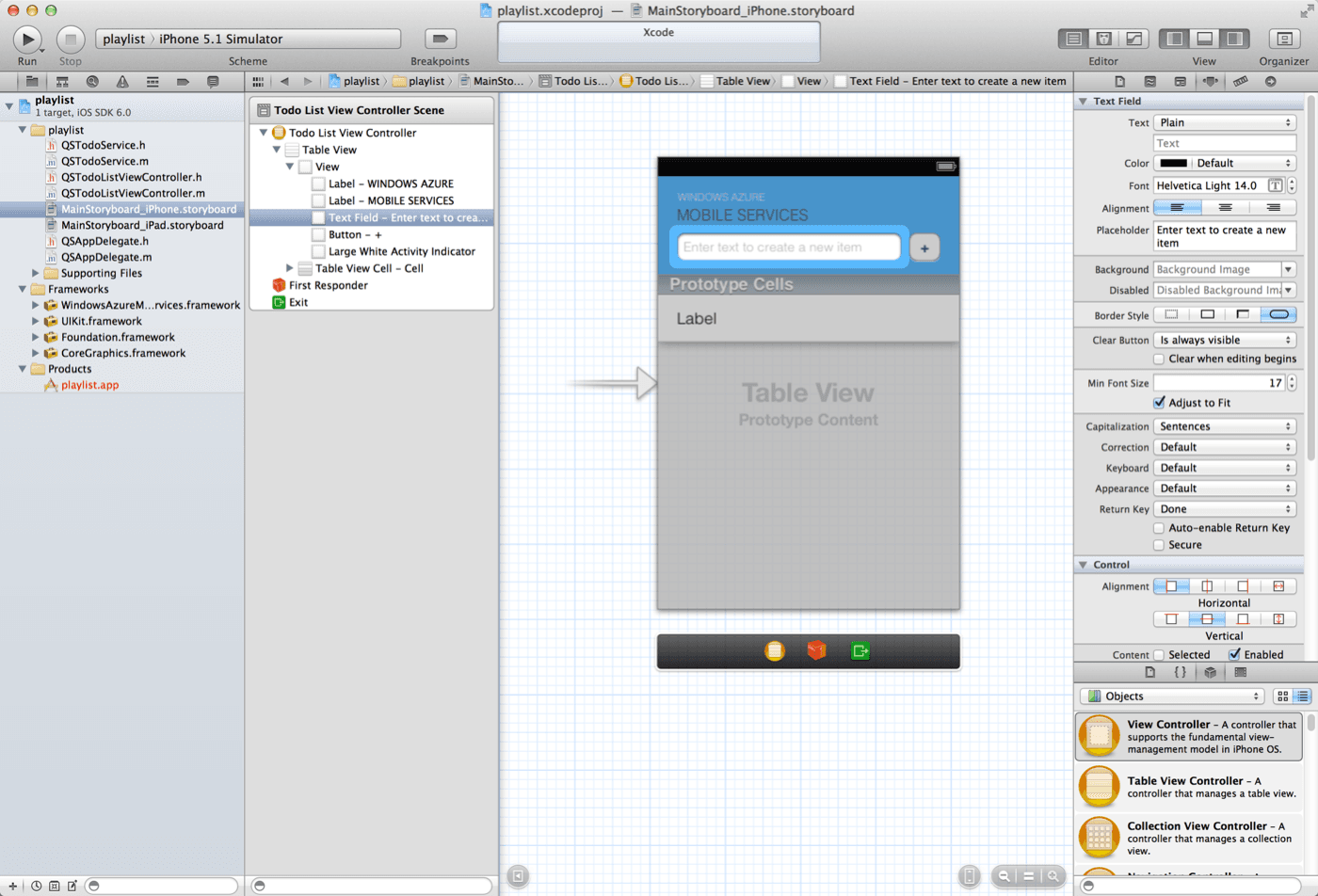 Xcode storyboard showing a Todo List View Controller with a text field and table view.