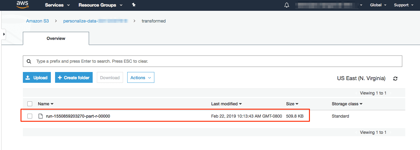 Amazon S3 bucket overview showing file run-1550859203270-part-r-00000 with size 509.8 KB.