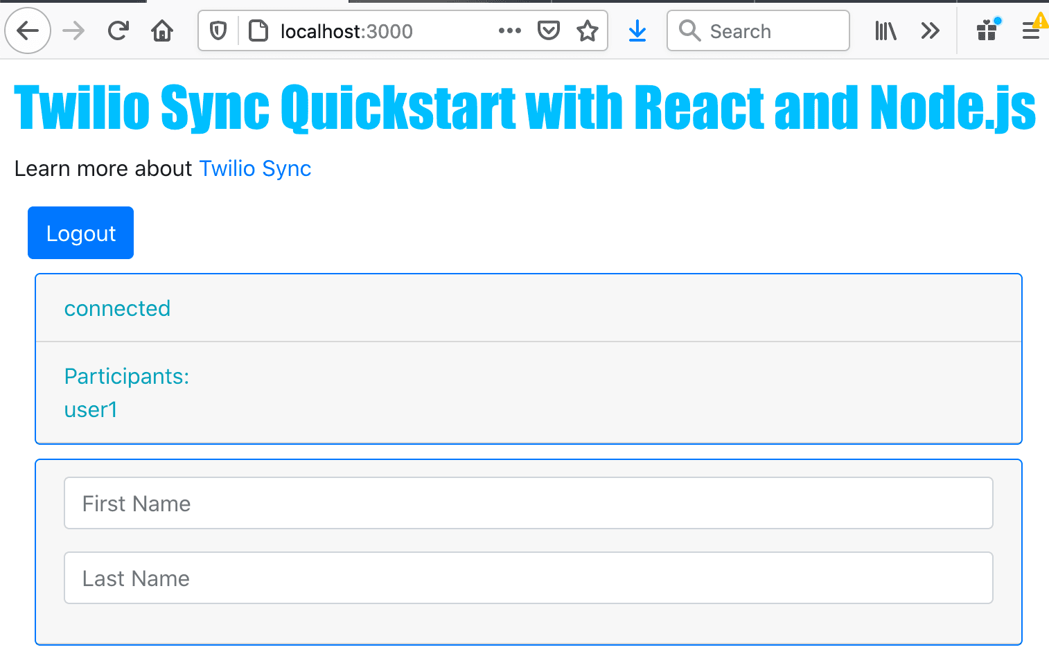 Twilio Sync Quickstart interface with logout button, connection status, and user input fields.