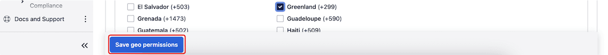 Button labeled 'Save geo permissions' highlighted in blue.