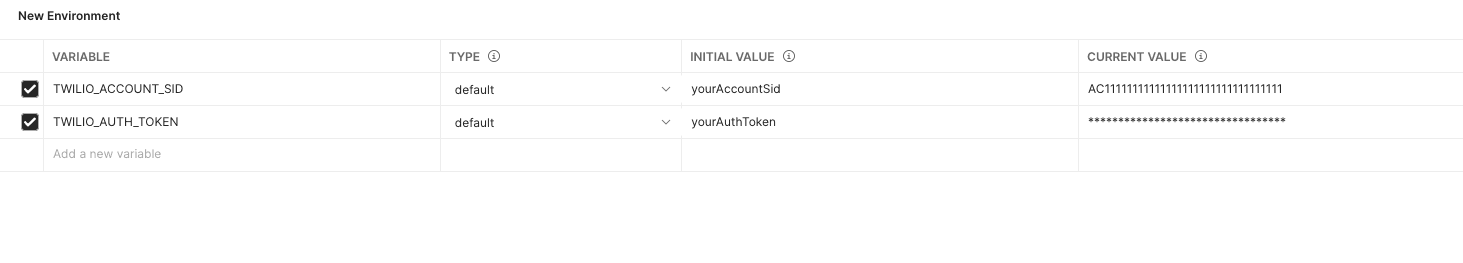 Postman dialog showing variables TWILIO_ACCOUNT_SID and TWILIO_AUTH_TOKEN with default types and initial values.