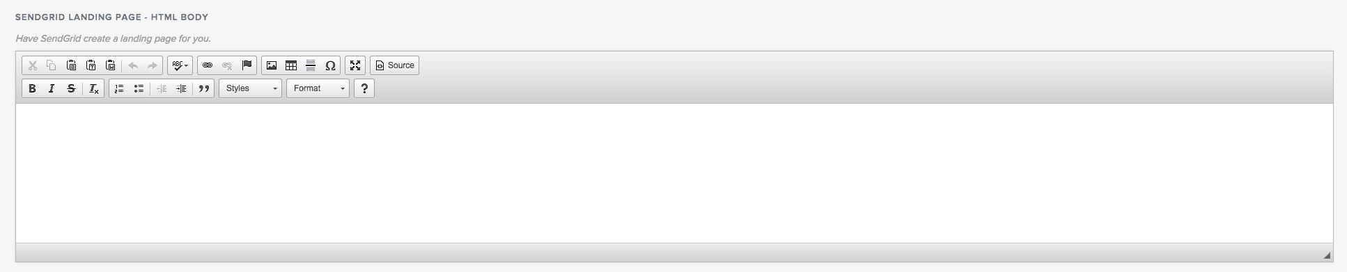 SendGrid landing page editor with HTML body text area.