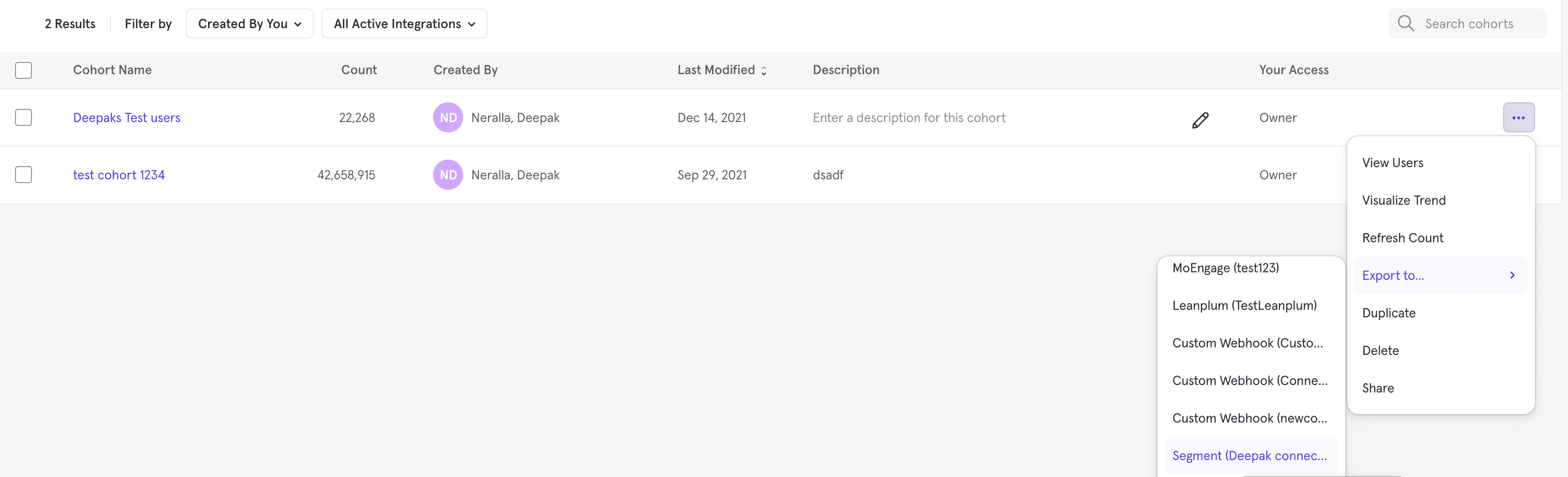 Cohort list in Mixpanel with export options.