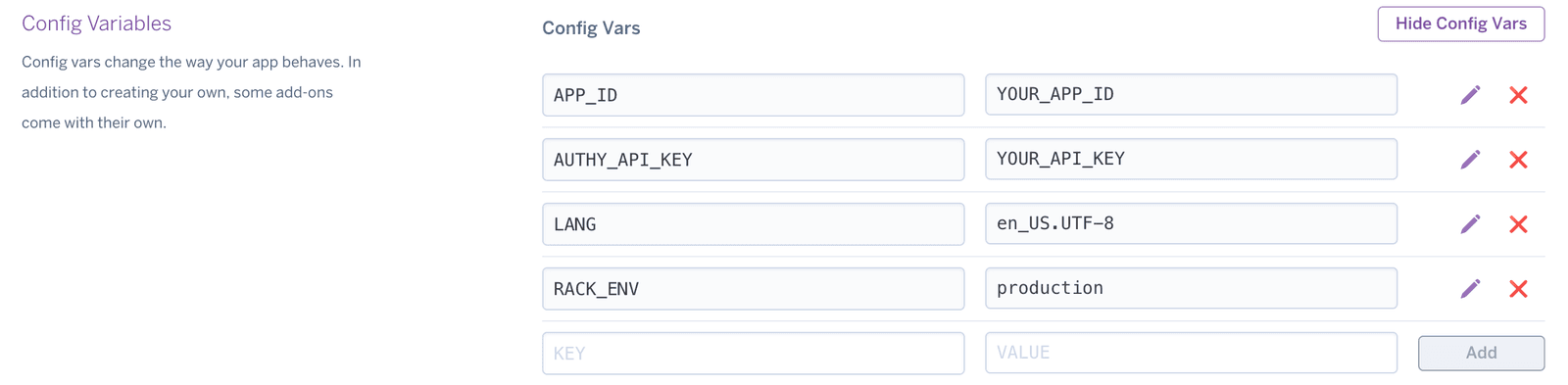 Config variables setup with APP_ID, AUTHY_API_KEY, LANG, and RACK_ENV fields.
