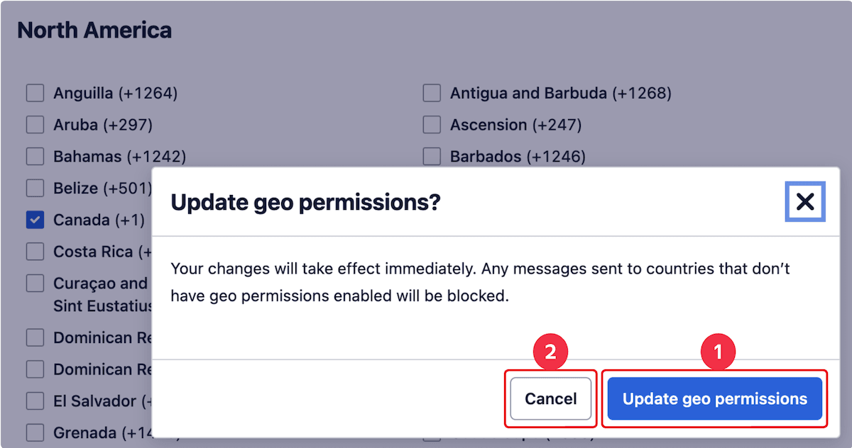 Confirmation dialog for updating geo permissions with options to cancel or proceed.