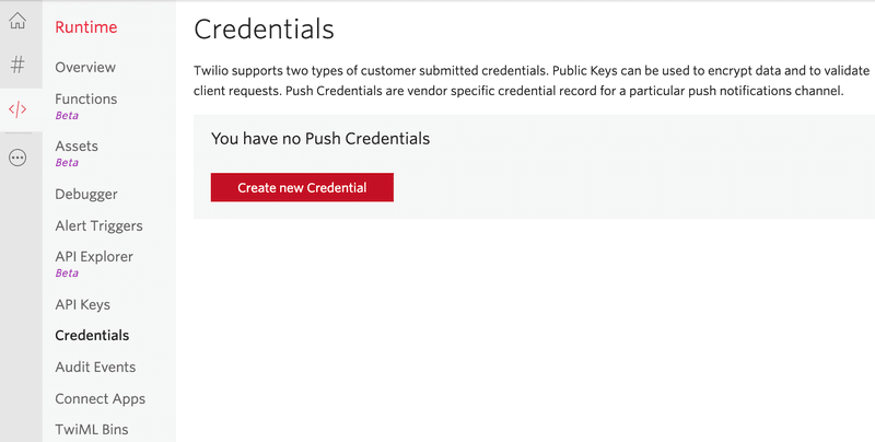 Twilio Credentials page showing no Push Credentials with a 'Create new Credential' button.