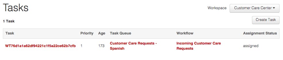 Task WT76d1a1a62df94221c1f5a22c6e2b7cfb assigned in Customer Care Requests workflow.