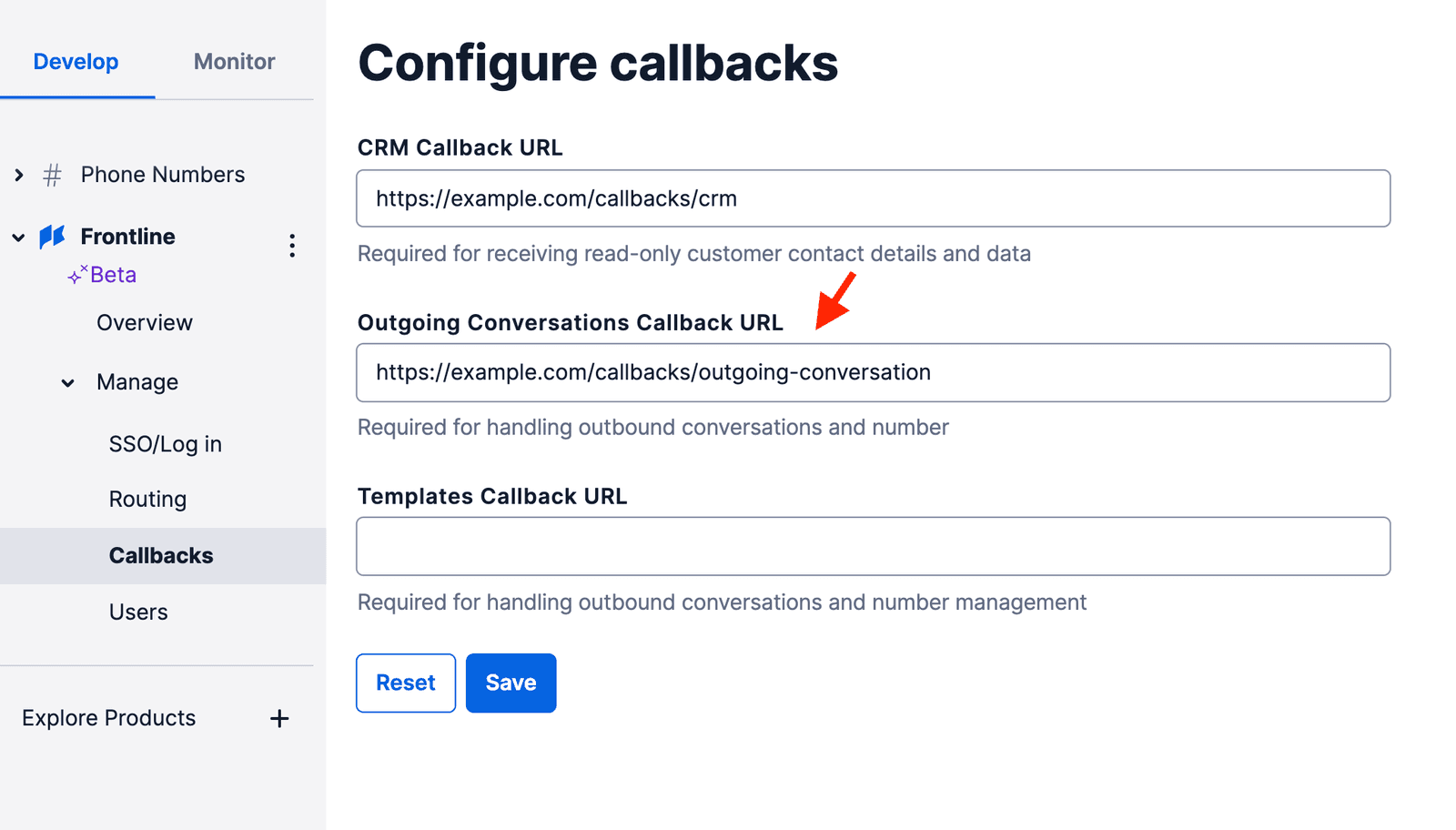 Configure outgoing conversations callback URL in Twilio Frontline settings.
