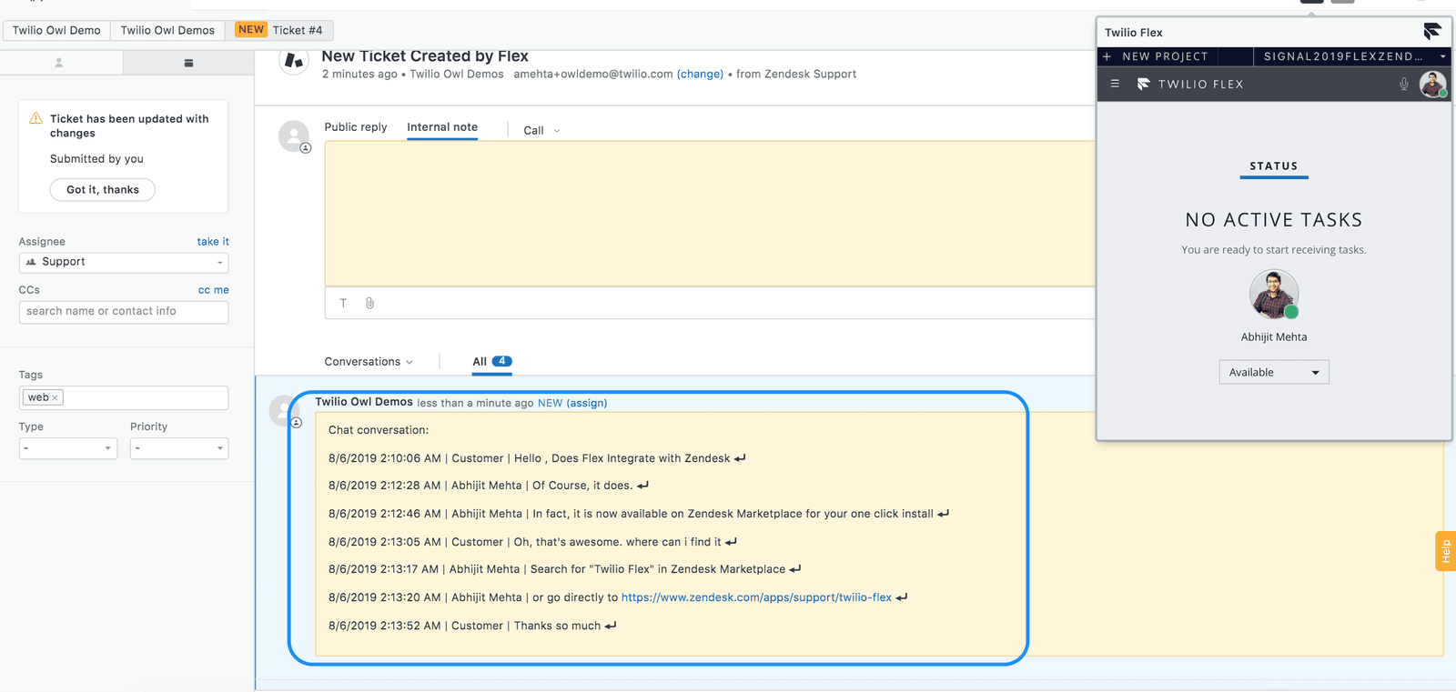 Zendesk ticket with Twilio Flex chat transcript discussing integration availability.