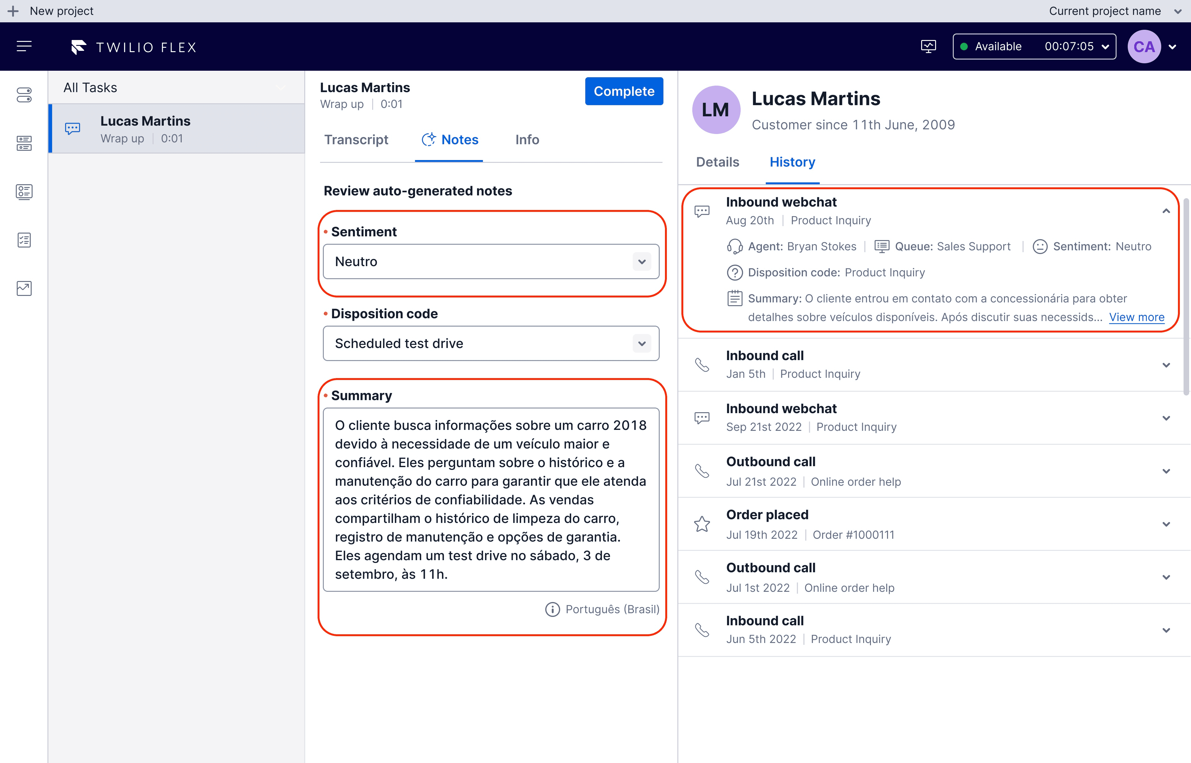 Wrap-up notes in Portuguese in Flex UI.
