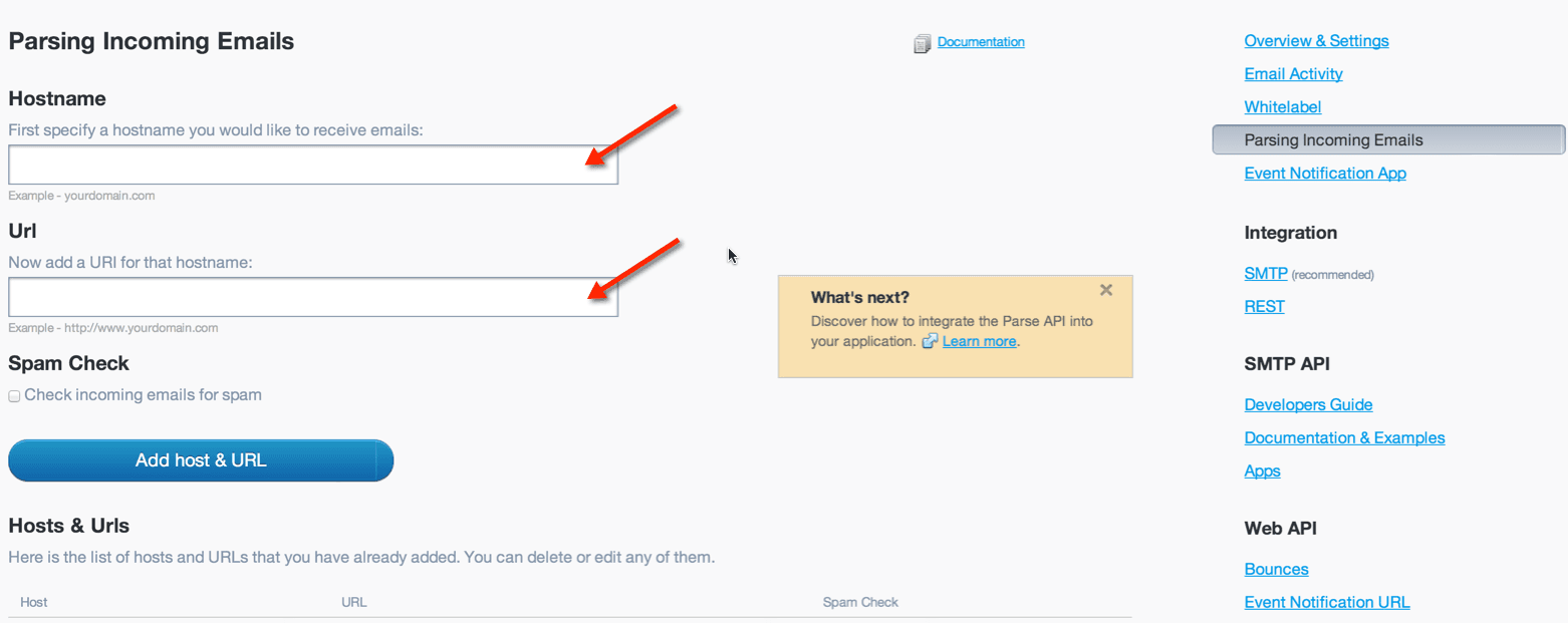 Form fields for specifying hostname and URL for parsing incoming emails with spam check option.