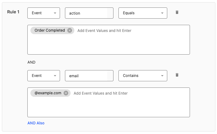 Event rule in StackAdapt that matches an Order Completed event with an email containing @example.com.