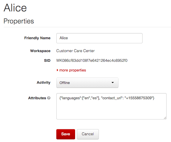 Alice's worker details with offline status and contact URI.