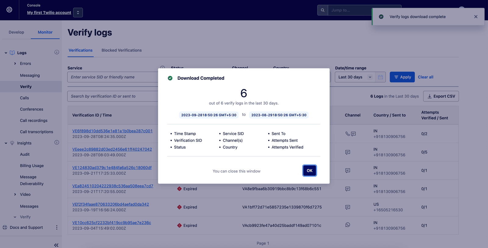 Verify logs page showing 6 logs downloaded in the last 30 days with export CSV option.