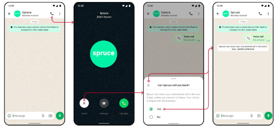 WhatsApp call flow showing missed call and callback permission request from Spruce.