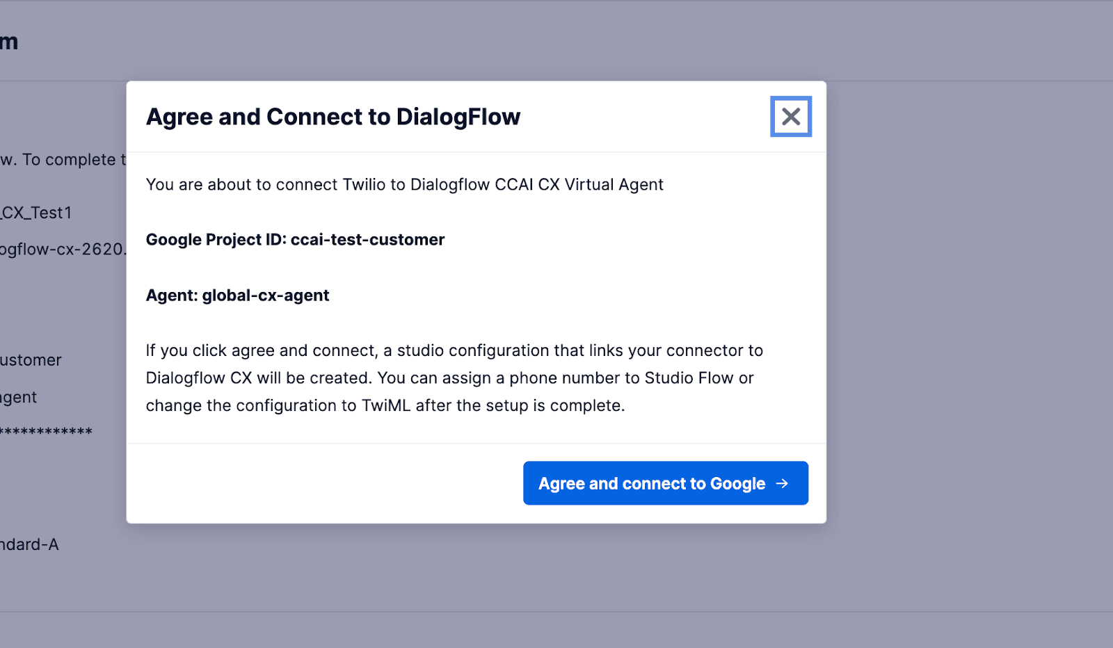 Consent dialog for connecting Twilio to Dialogflow CX with project ID and agent details.