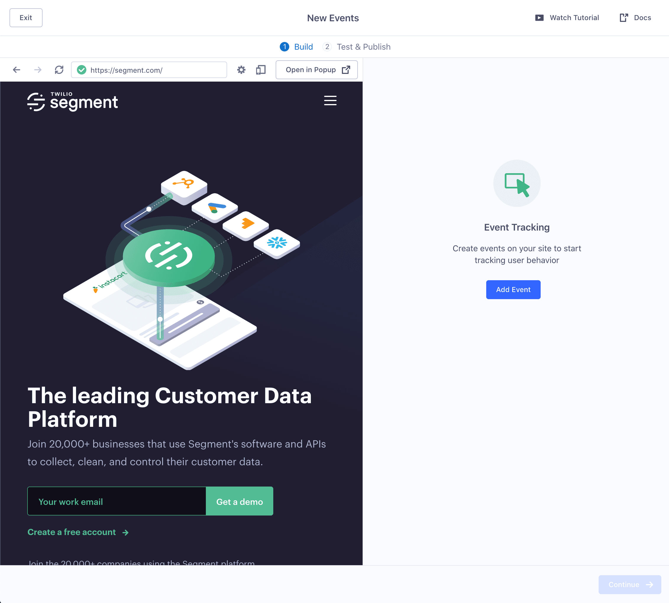 Segment platform homepage with event tracking prompt and add event button.