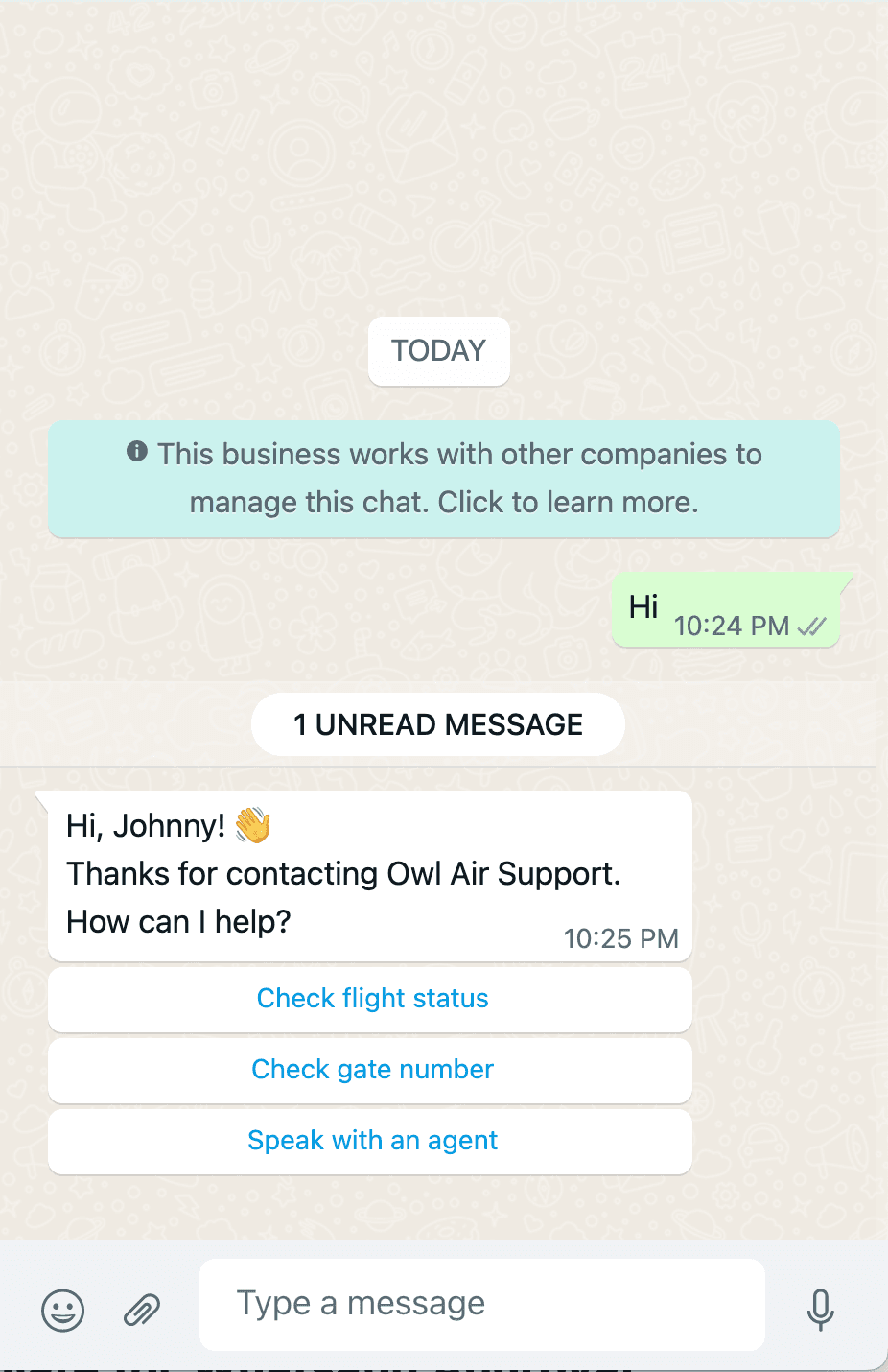 Owl Air Support chat offering options to check flight status, gate number, or speak with an agent.