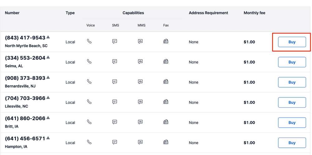 List of phone numbers with buy button for each, showing capabilities and monthly fee.
