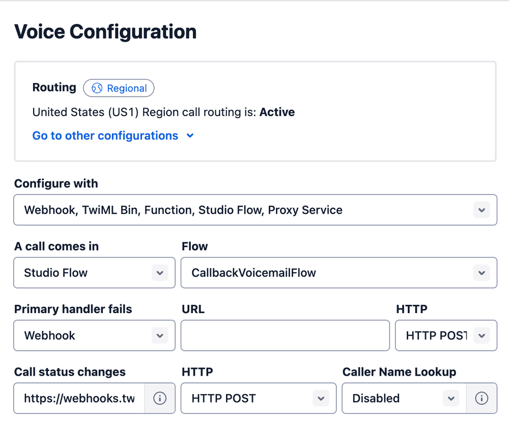 Voice configuration with regional routing active, using Studio Flow and Webhook.