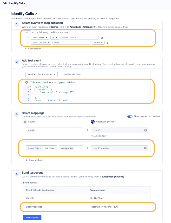 Identify Calls setup with event mapping, test event, and user properties configuration.