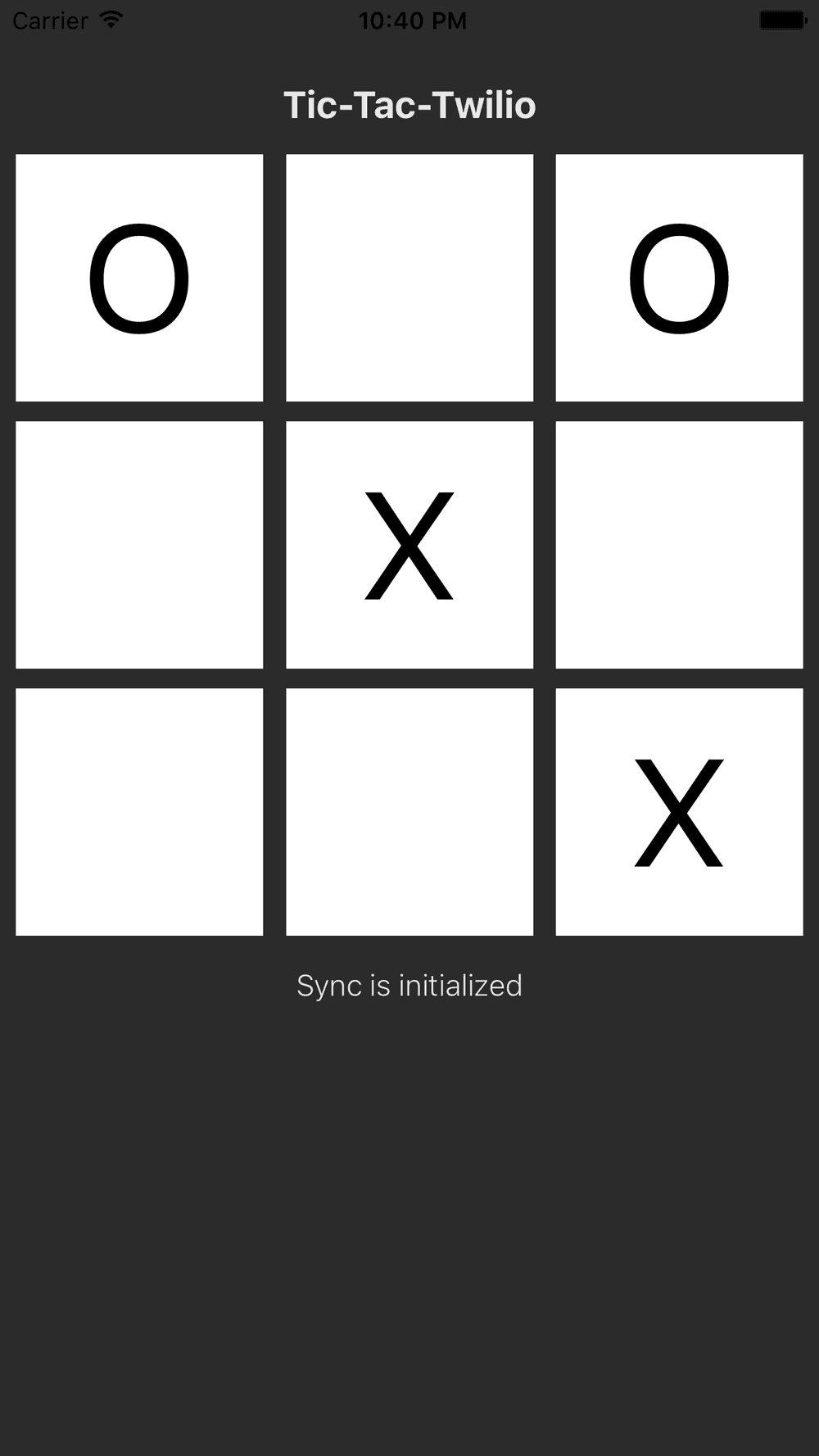 Tic-Tac-Twilio game board with sync initialized message.
